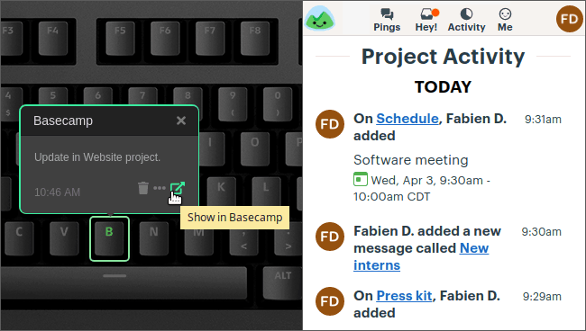 Das Keyboard Q lights up with Basecamp project activity