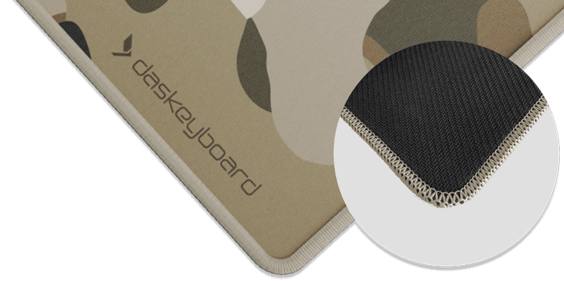 Close-up of a desk mat corner showing the stitched edge