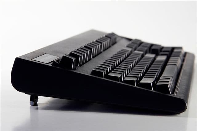 The original Das Keyboard with completely blank keycaps, side view