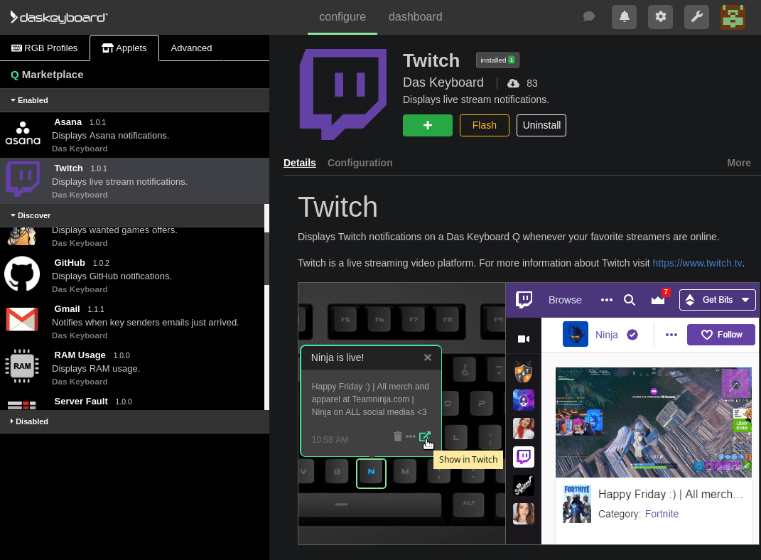 Q marketplace with Twitch applet
