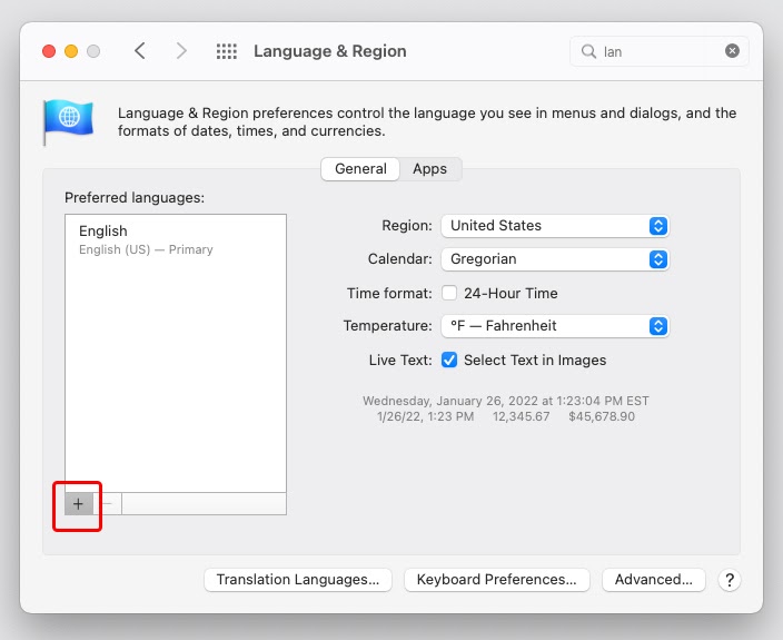 Add language on Mac press plus