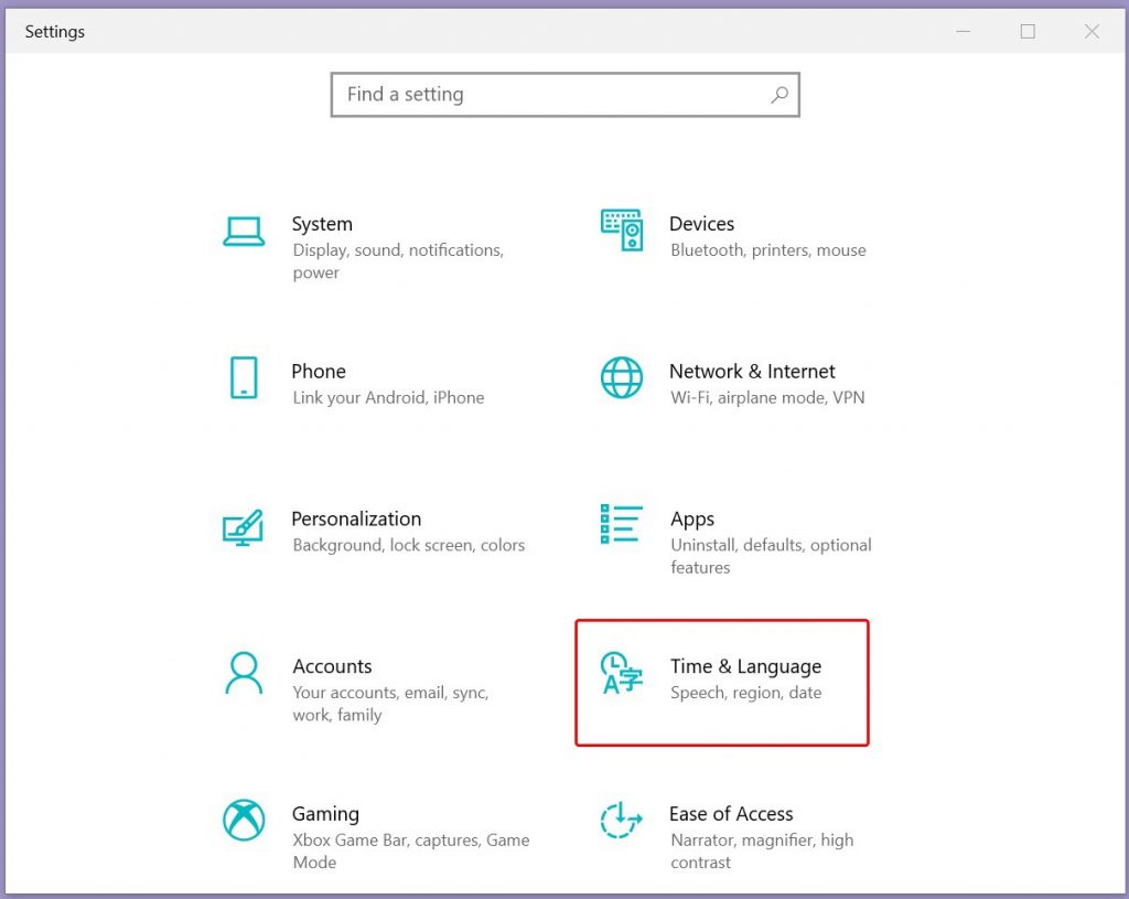 Windows Keyboard Language is Under Time & Language, Speech, region, date