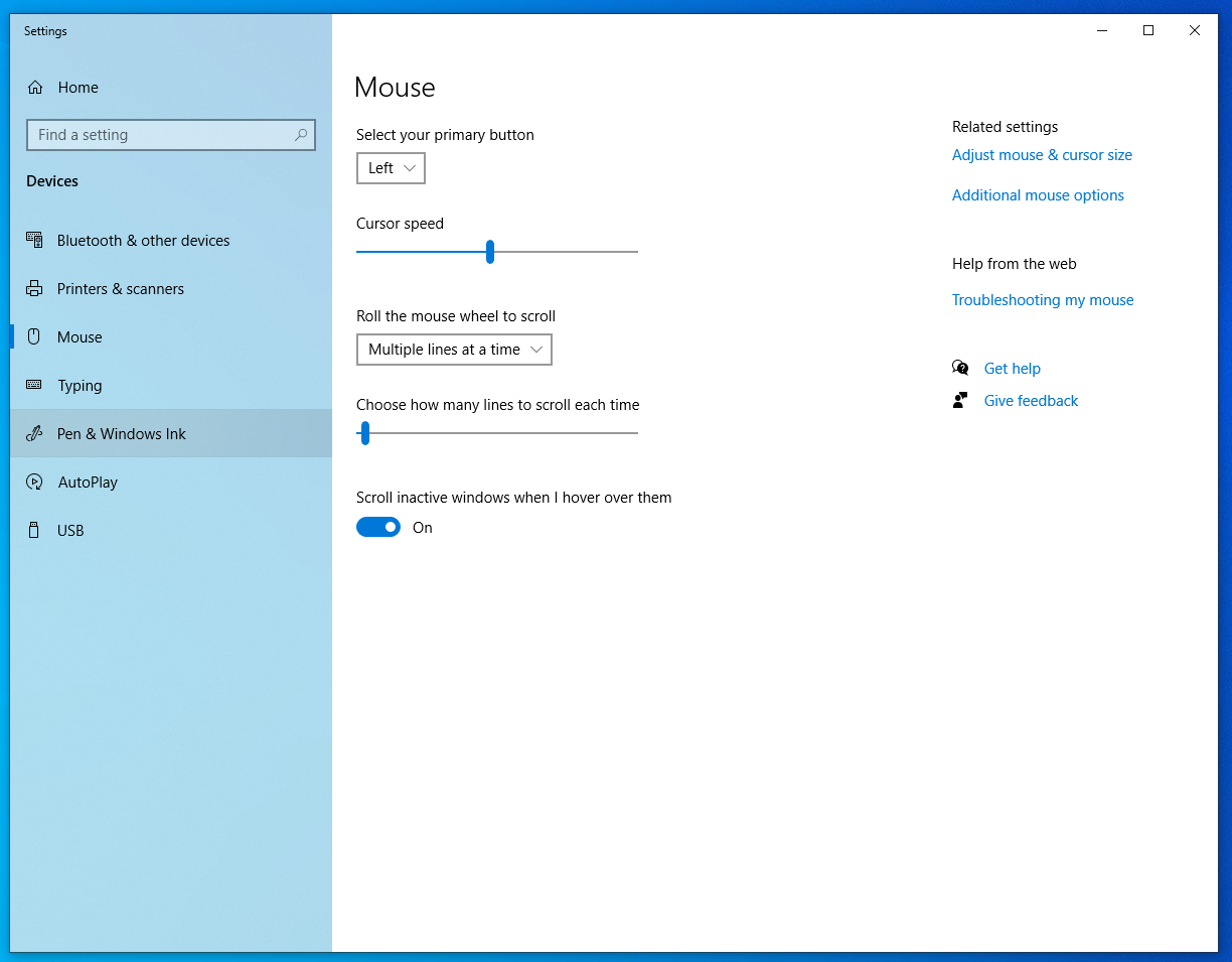 Windows mouse settings