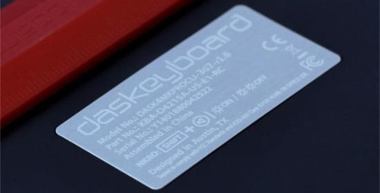 Aluminiun label on the bottom of a Das Keyboard 4 professional