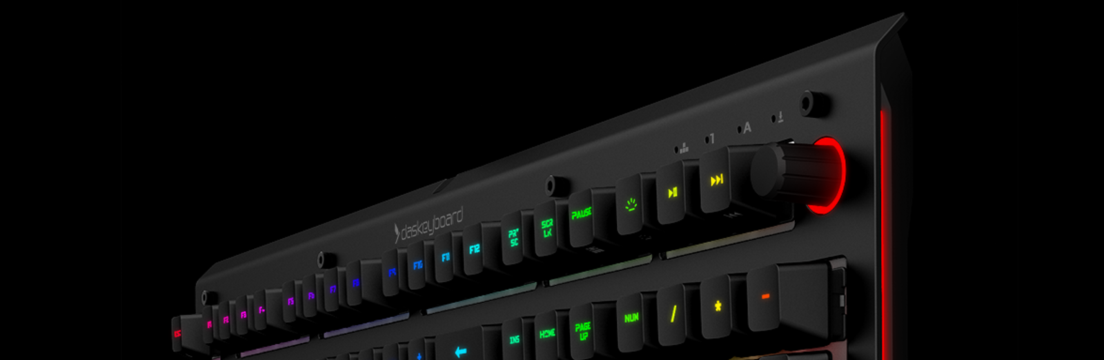Backlit double-shot keycaps on a Das Keyboard 5Q, with the legends lit in different colours through the caps